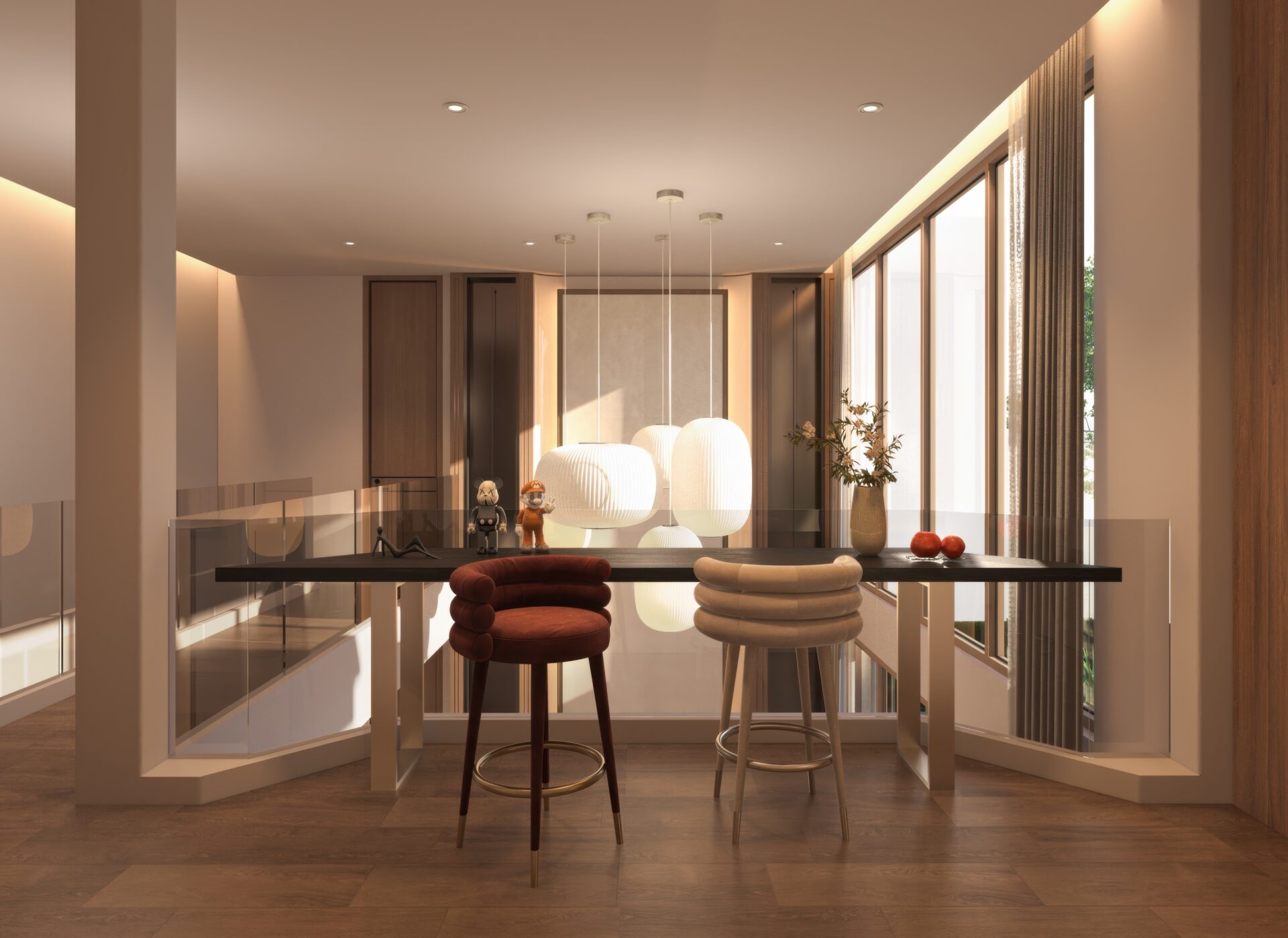 Modern dining area with a glass railing, dark wooden table, two curved stools, pendant lamps, and large windows with curtains.