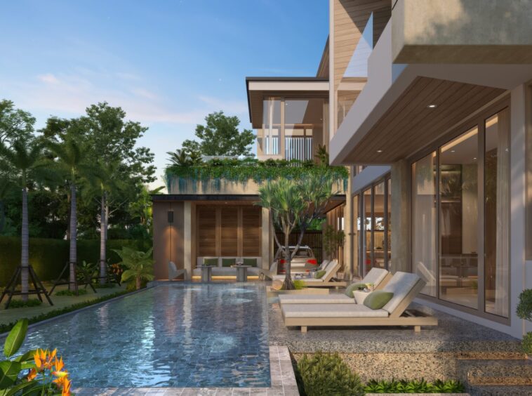 Modern villa with glass walls, outdoor lounge by a rectangular pool and tropical plants.