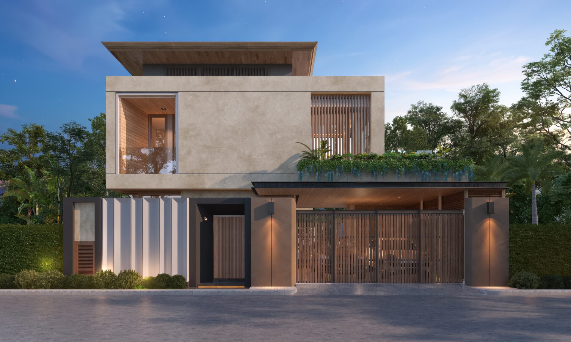 Modern two‑story concrete house with wooden accents, a gated entrance, and greenery along a low wall at the front.