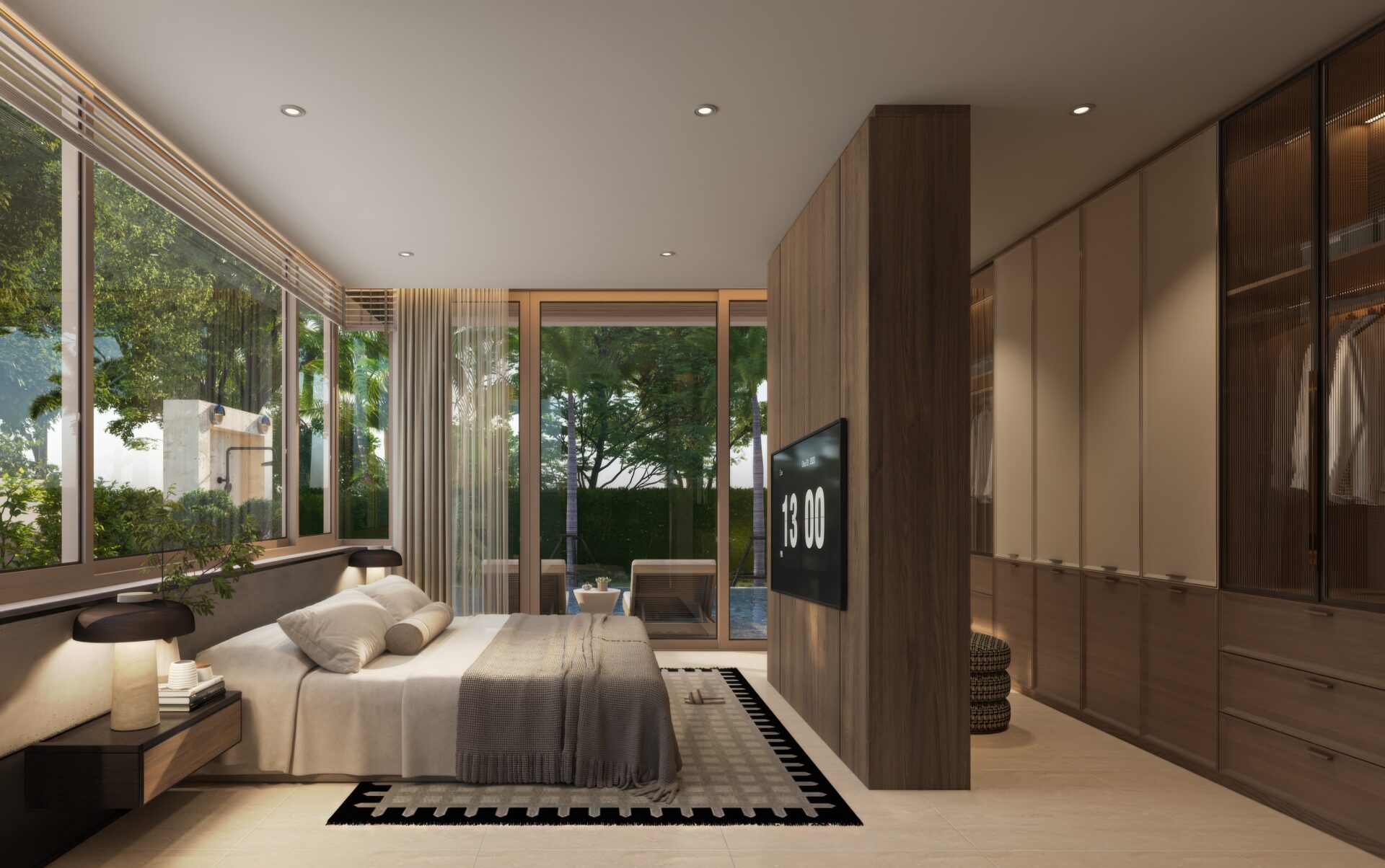Modern bedroom with floor-to-ceiling glass windows opening to a green garden, a king bed, and a wooden partition with a wall-mounted TV.
