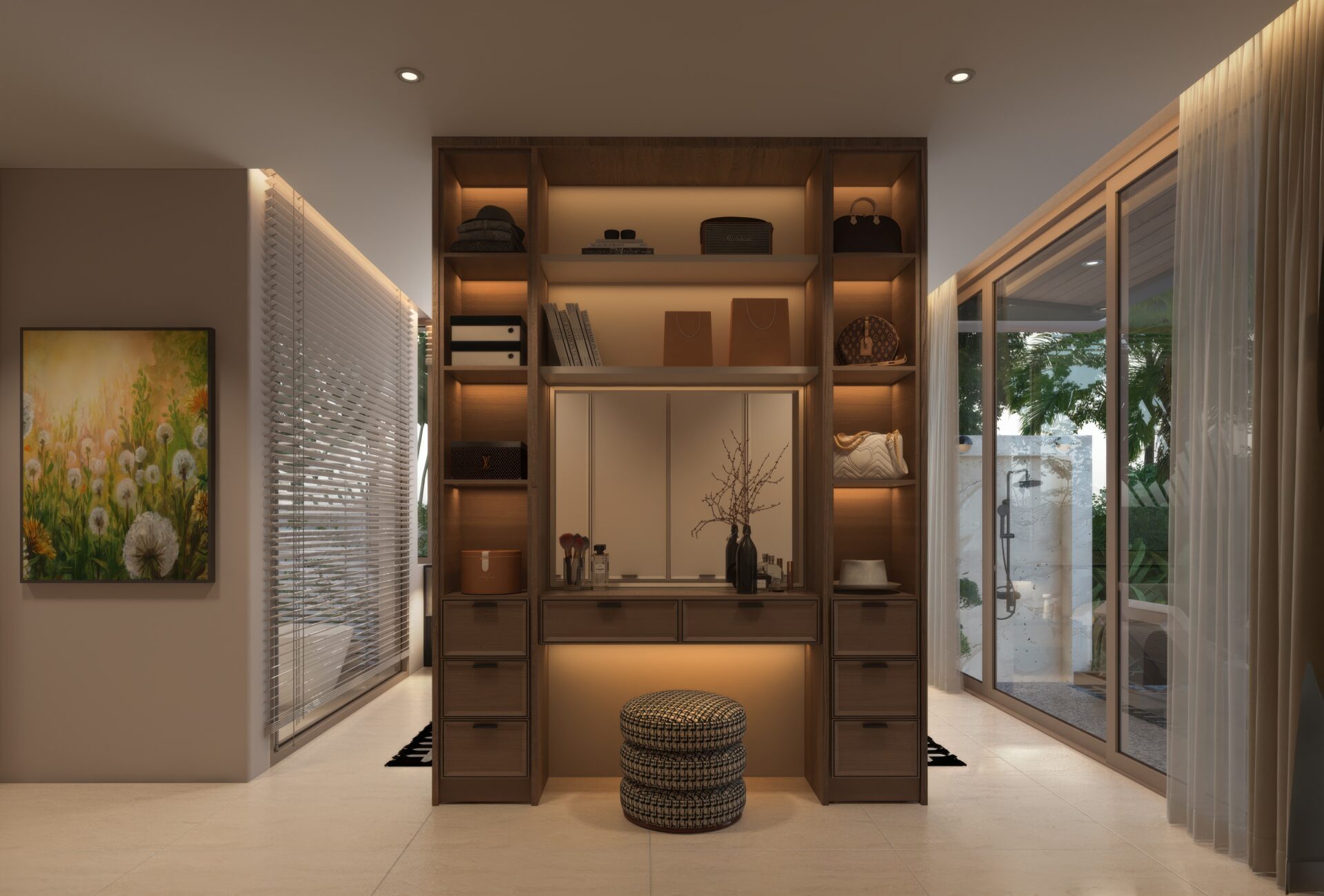 Luxurious walk-in closet with warm backlit shelves, central cabinet, and woven ottomans in front of a glass door wall to the outdoors.