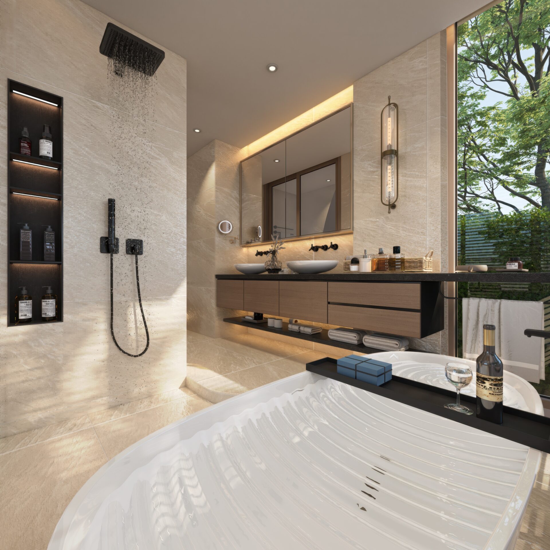 Modern beige marble bathroom with a rainfall shower, glass sink vanity, and a tub in the foreground holding a wine bottle and glass.