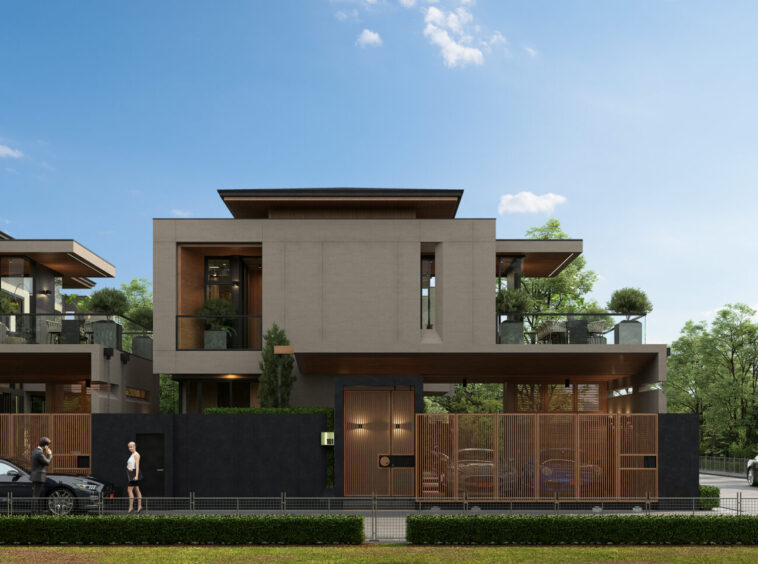 Modern multi-story residential building with a gray stone facade, wooden accents, balconies, and a gated entrance.