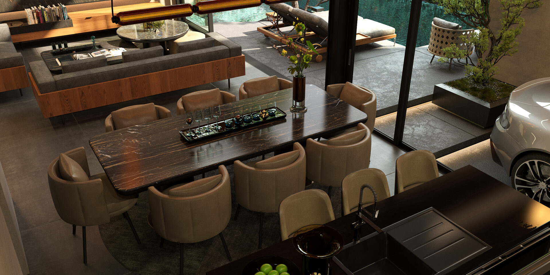Luxurious open-plan dining area with a dark marble table and beige chairs, overlooking a pool deck through glass walls.