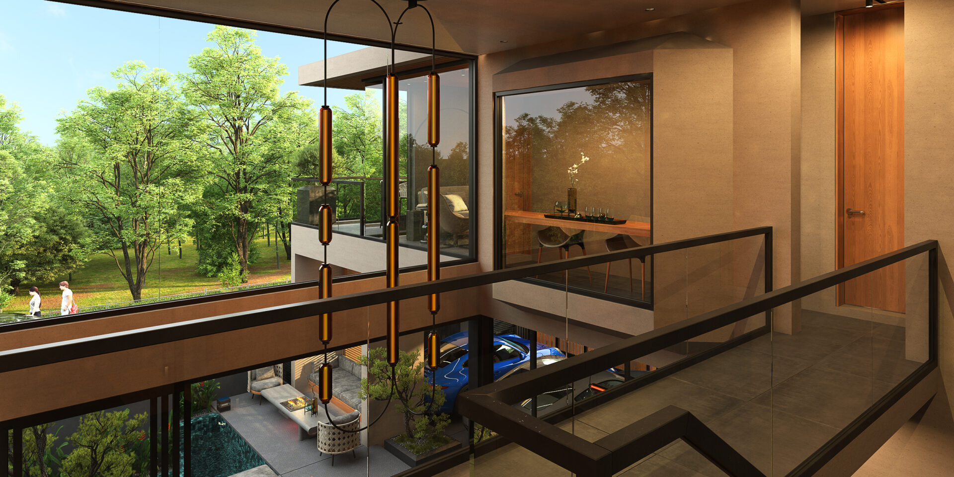 Open, multi-level atrium of a modern building with glass railings and amber pendant lights, overlooking a courtyard with trees and a blue car below.