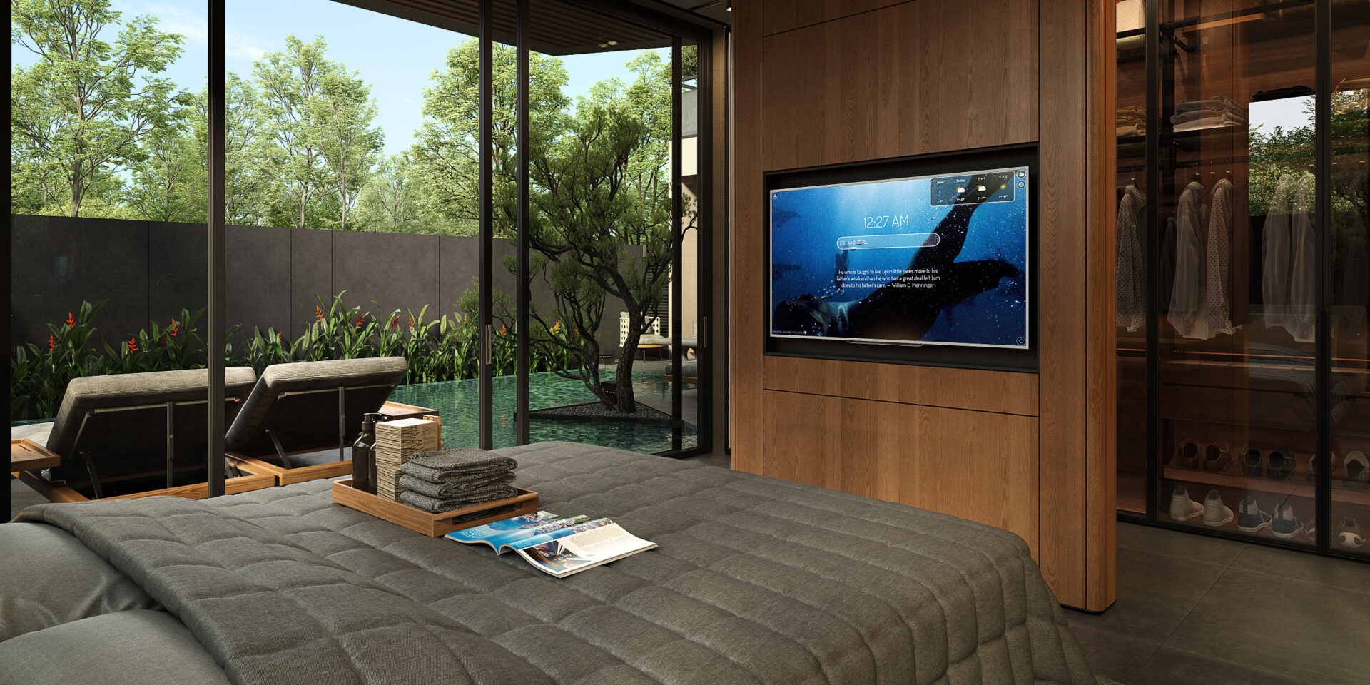 Modern bedroom with floor-to-ceiling glass walls overlooking a pool and greenery; a TV is mounted in a wood-paneled wall.