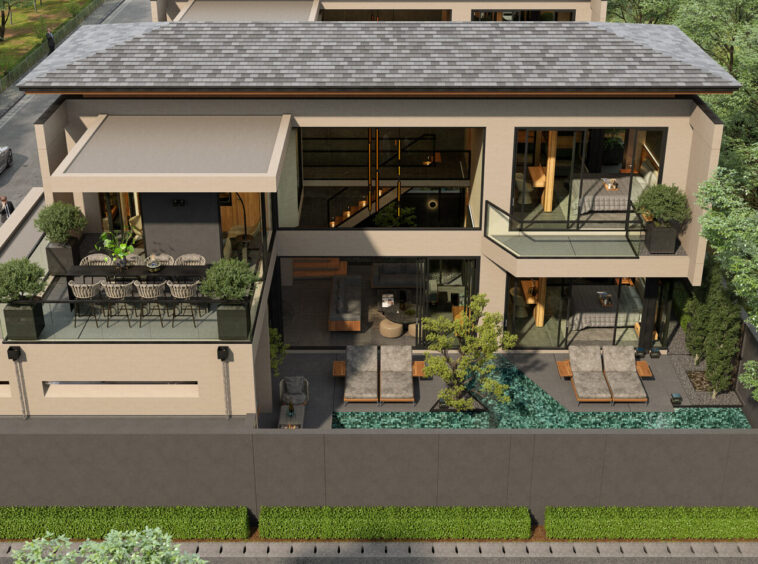 A modern three-story house with multiple balconies, a rooftop terrace, and a rectangular outdoor pool area flanked by lounge chairs and greenery.