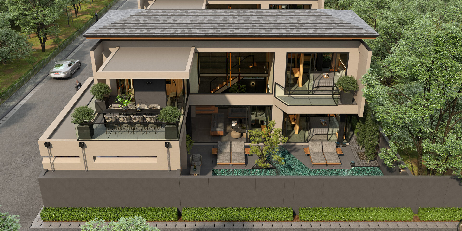A modern three-story house with multiple balconies, a rooftop terrace, and a rectangular outdoor pool area flanked by lounge chairs and greenery.