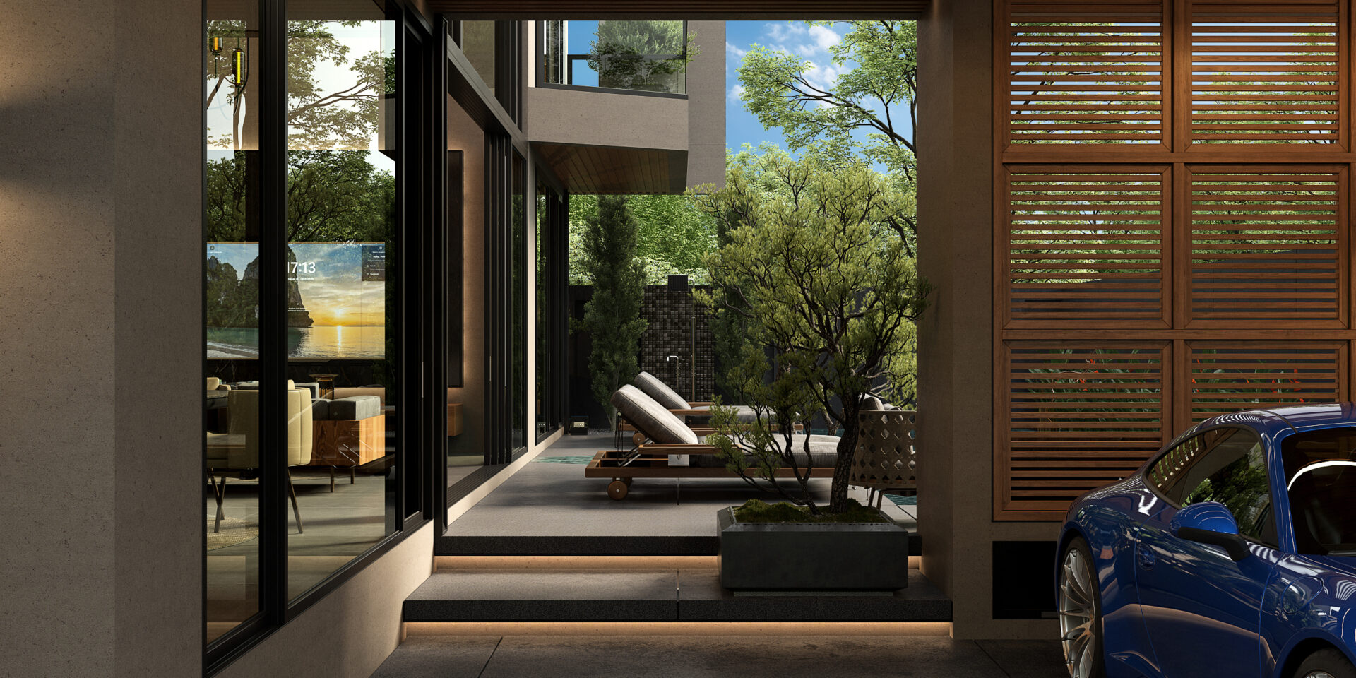 Modern courtyard with glass doors, outdoor lounge chairs, and a blue car at the edge of a wooden louvered screen area amidst greenery