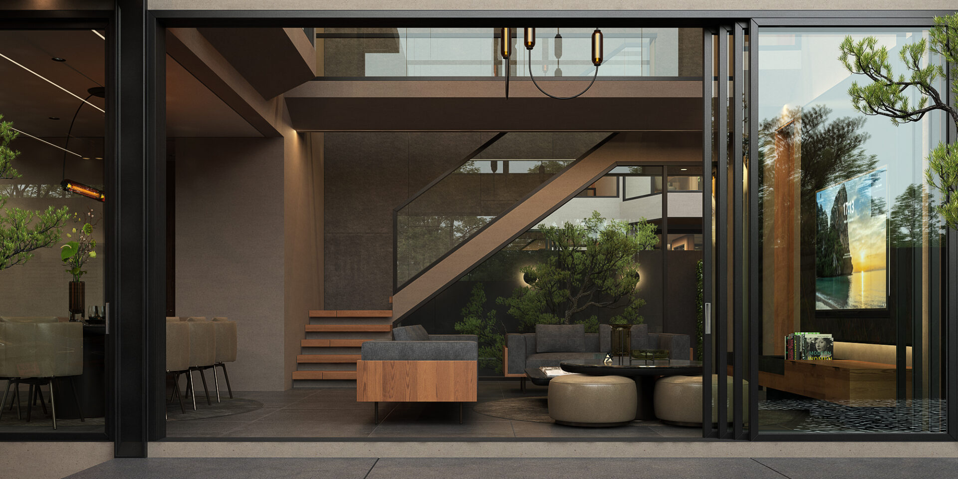 Open-concept living area with a diagonal staircase, glass railings, and greenery, viewed from the doorway.