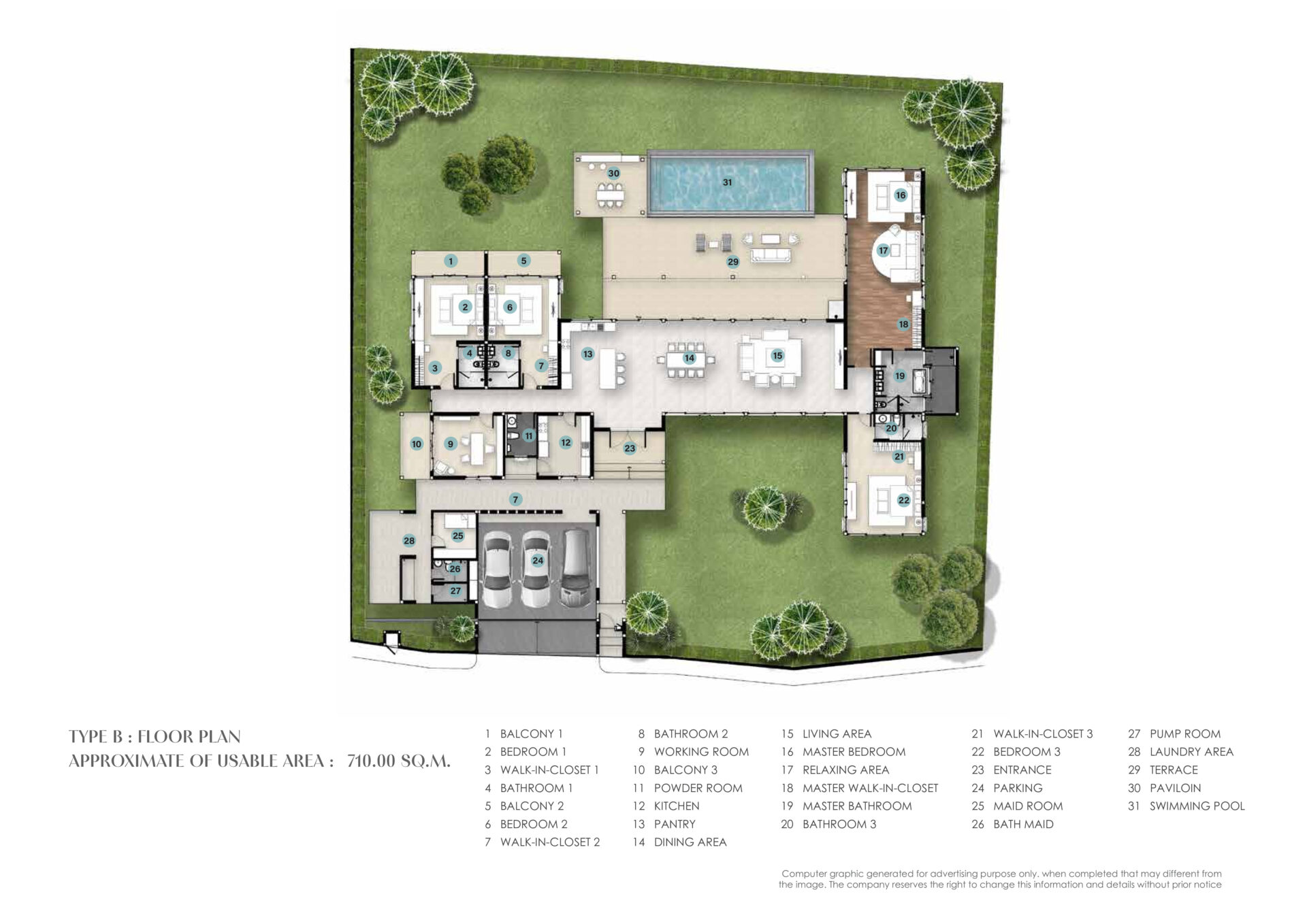 Type B floor plan of a house with surrounding yard, pool, and labeled rooms 1–31
