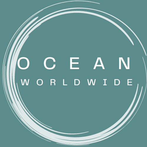 Ocean Worldwide logo: white circular brush stroke on teal background with 'OCEAN WORLDWIDE' text.