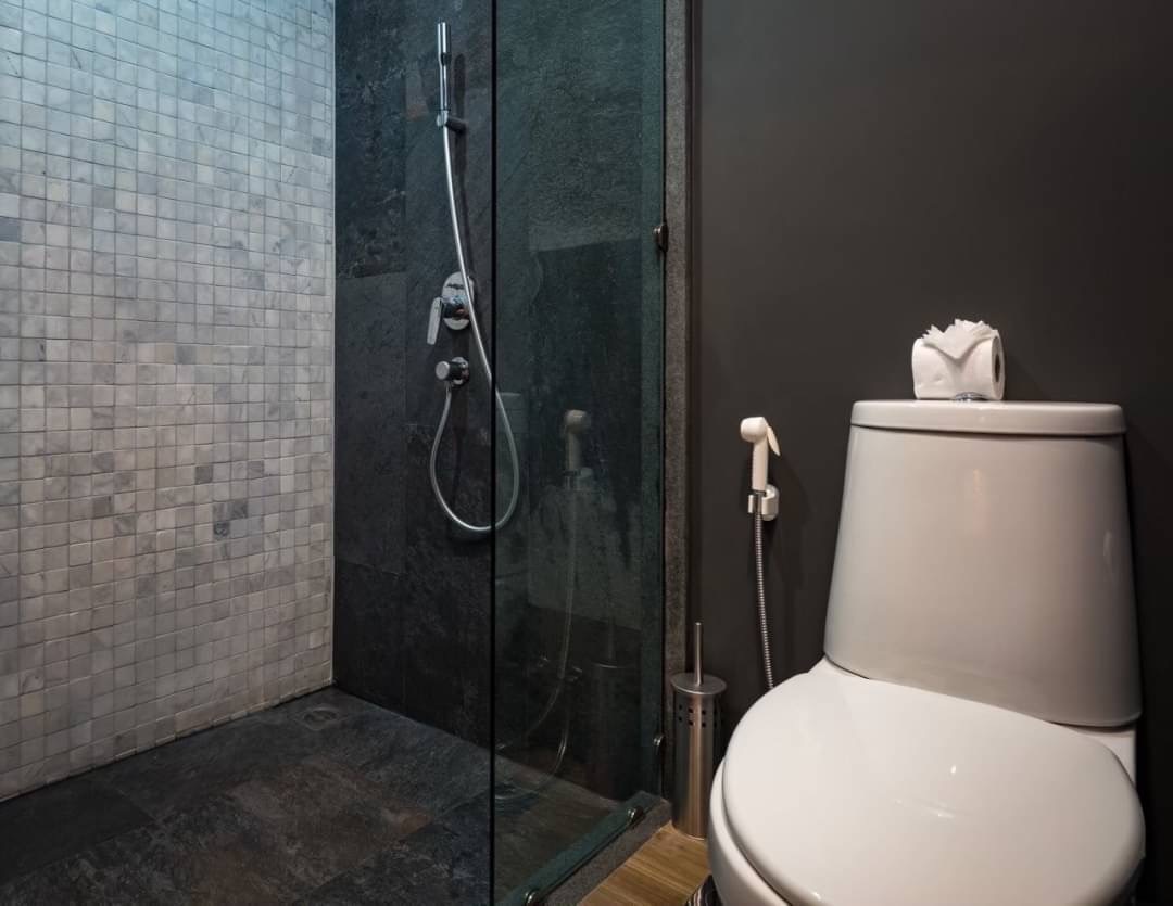Modern bathroom with glass shower enclosure, grey tiled wall, and a white toilet with a roll of toilet paper on top.