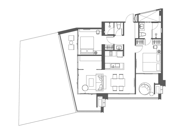 Floor plan of an apartment showing a living area, dining table, kitchen, two bedrooms, and two bathrooms with a balcony area on the left side.