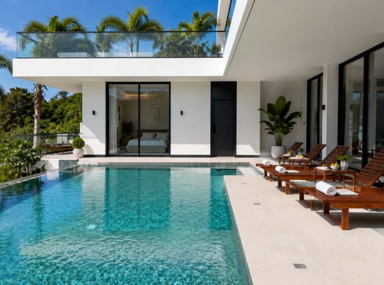 Modern white villa with a rectangular pool and wooden lounge chairs along a sunlit spa-like patio, palm trees in the background and glass balcony above.