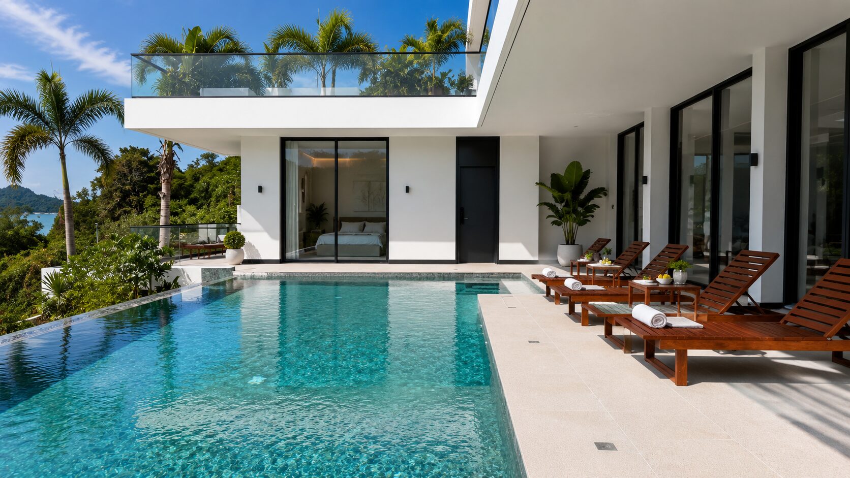 Modern white villa with a rectangular pool and wooden lounge chairs along a sunlit spa-like patio, palm trees in the background and glass balcony above.