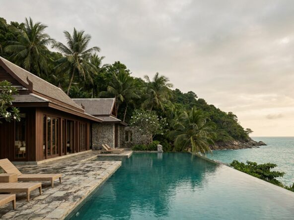 Tropical villa with wooden architecture beside an infinity pool overlooking the ocean and palm trees.