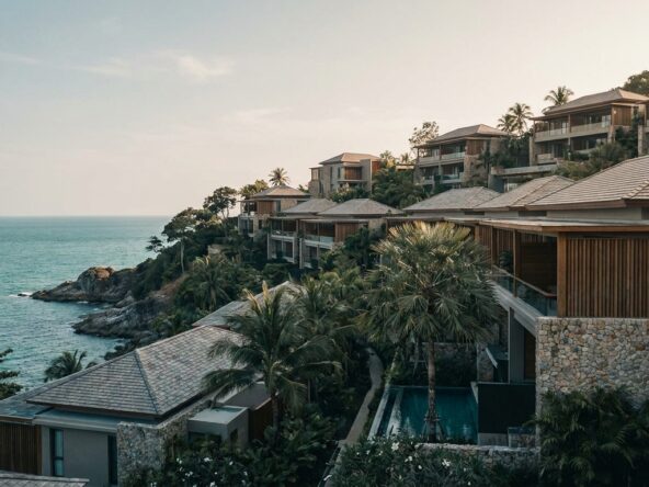 Seaside hillside resort with stone villas, palm trees, and a blue ocean to the left; warm sunset lighting on buildings.