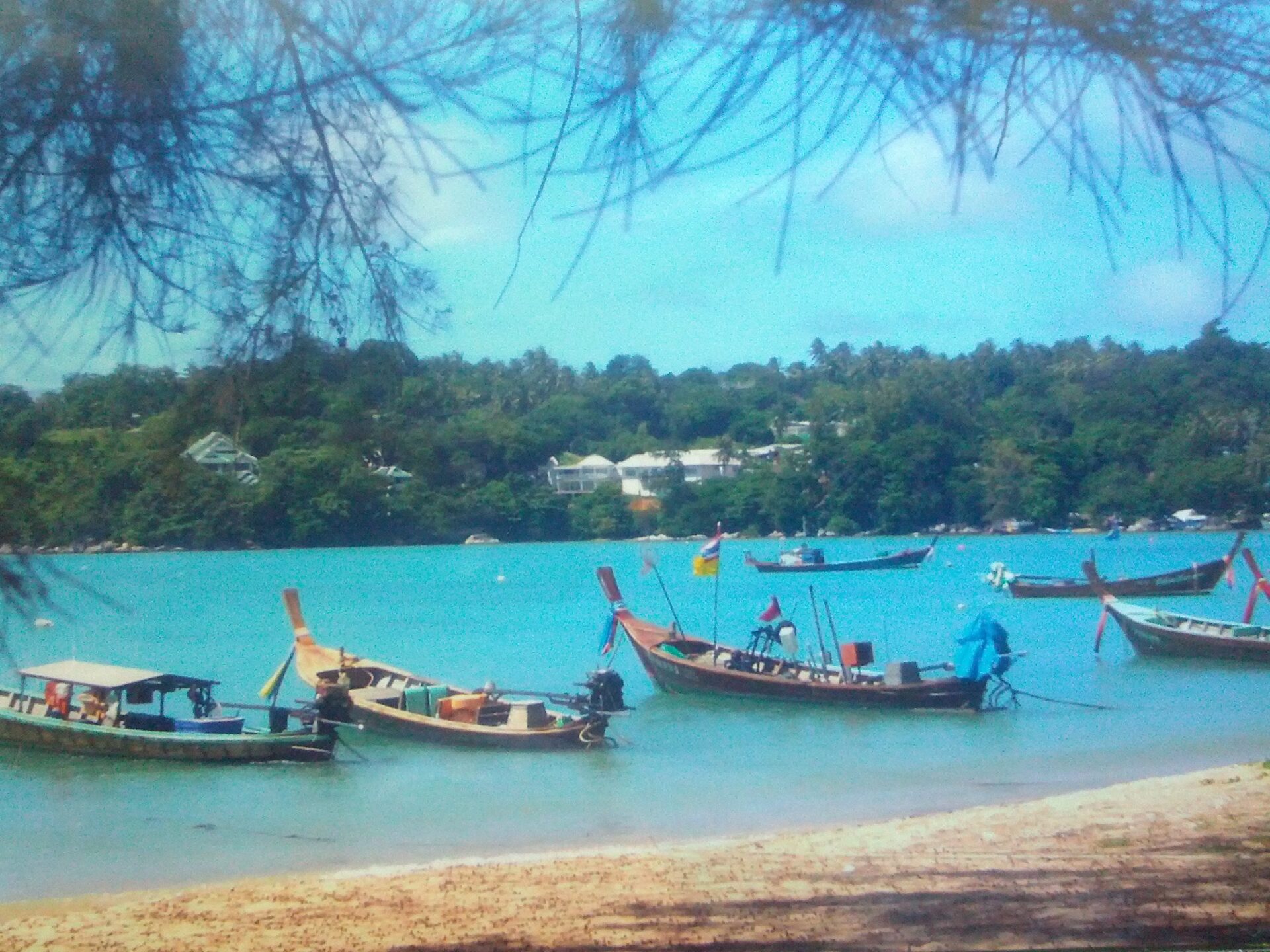 Turquoise bay with several colorful fishing boats tied near a sandy beach; lush green hills and houses in the distance under a blue sky.