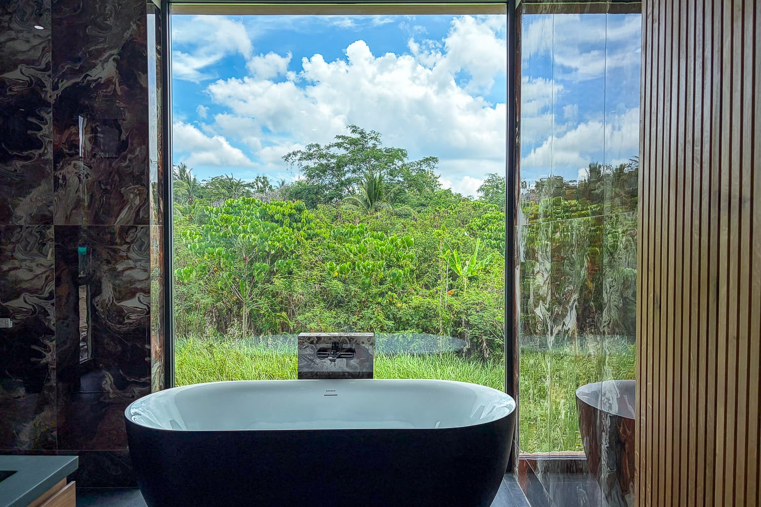 Freestanding black bathtub facing a large window with a lush green garden and blue sky outside, marble walls on the left and wooden paneling on the right.