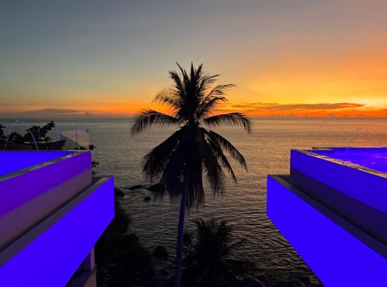 Sunset over the ocean viewed from a terrace with a palm tree in the foreground and blue-lit pool edges.
