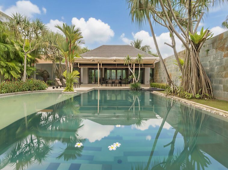 Luxurious tropical villa with a rectangular pool, palm trees, and a shaded outdoor dining area under a wooden pavilion.