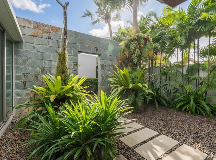 A modern courtyard garden with tropical plants along a stone wall, stepping stones over pebbles, and a glass-windowed house wall on the left.
