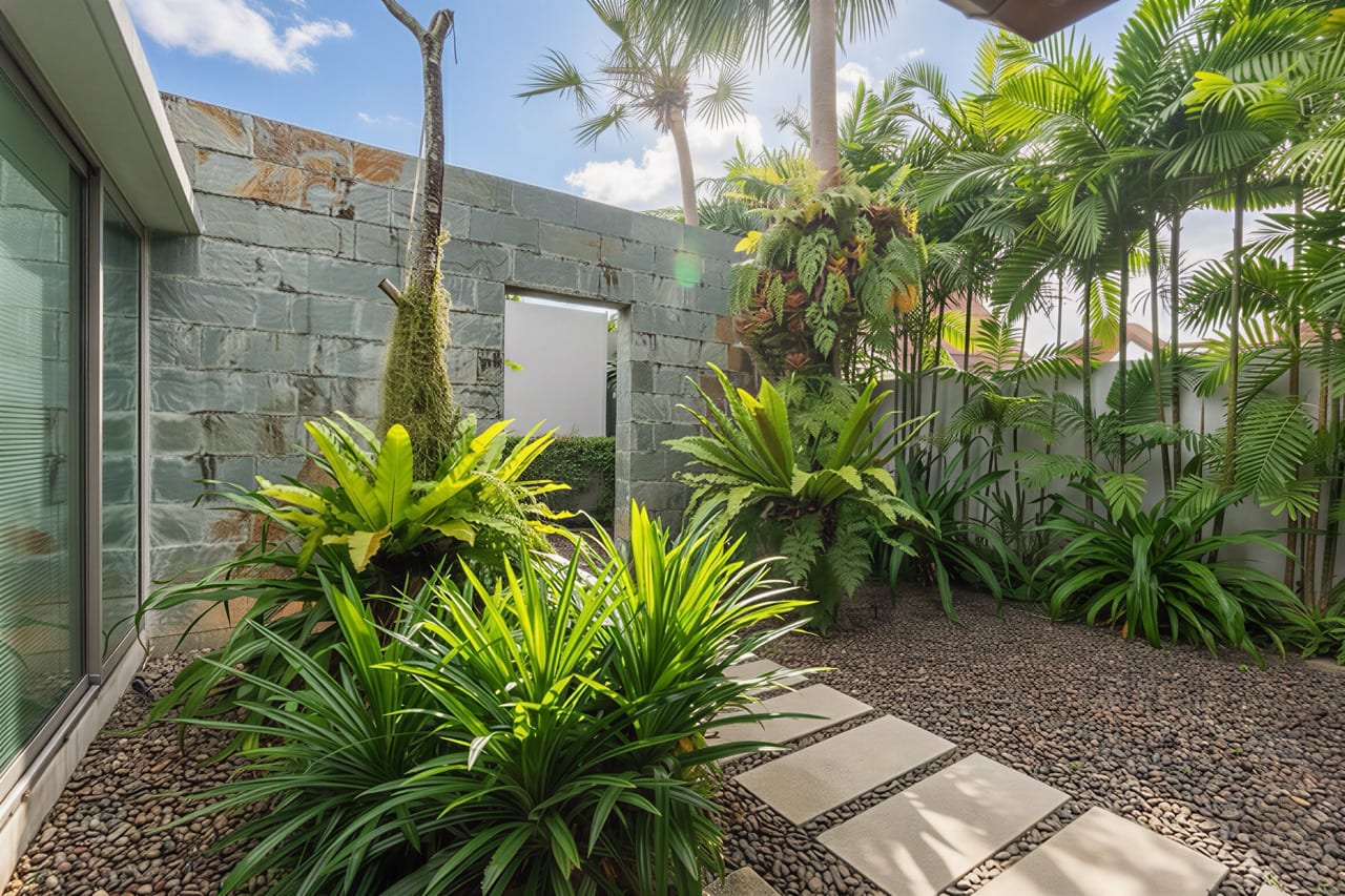 A modern courtyard garden with tropical plants along a stone wall, stepping stones over pebbles, and a glass-windowed house wall on the left.