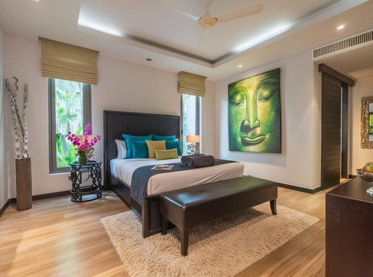 Modern hotel-style bedroom with a king bed, teal and gold pillows, and a green Buddha artwork on the wall.