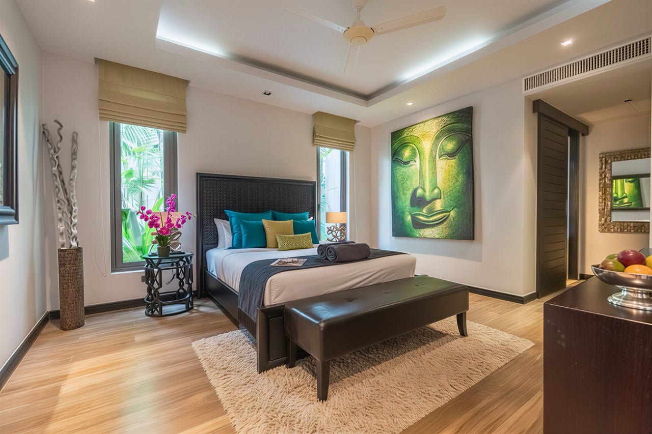 Modern hotel-style bedroom with a king bed, teal and gold pillows, and a green Buddha artwork on the wall.