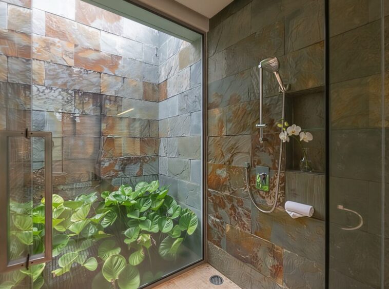 Modern shower with stone-tile walls, a glass door, and a handheld showerhead; a vase with white orchids sits in a shower niche.