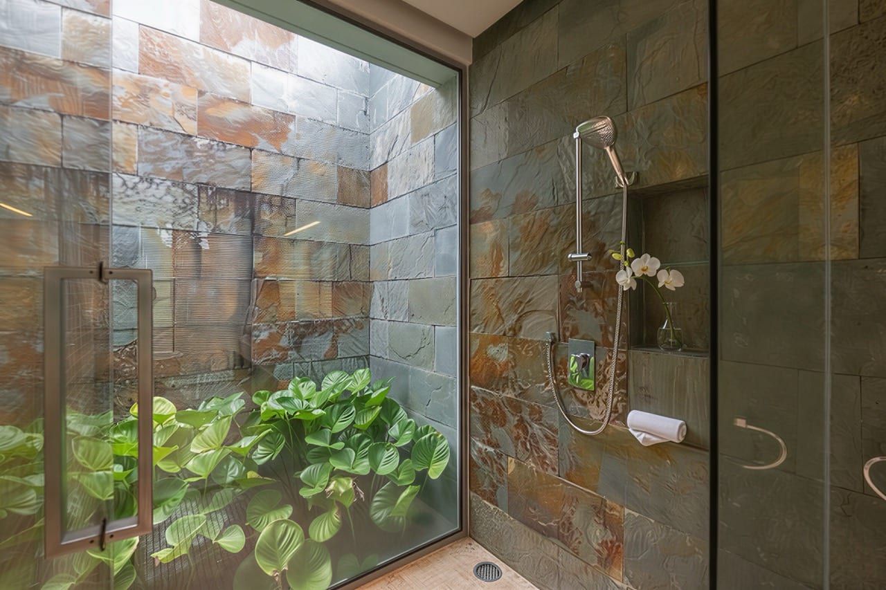Modern shower with stone-tile walls, a glass door, and a handheld showerhead; a vase with white orchids sits in a shower niche.