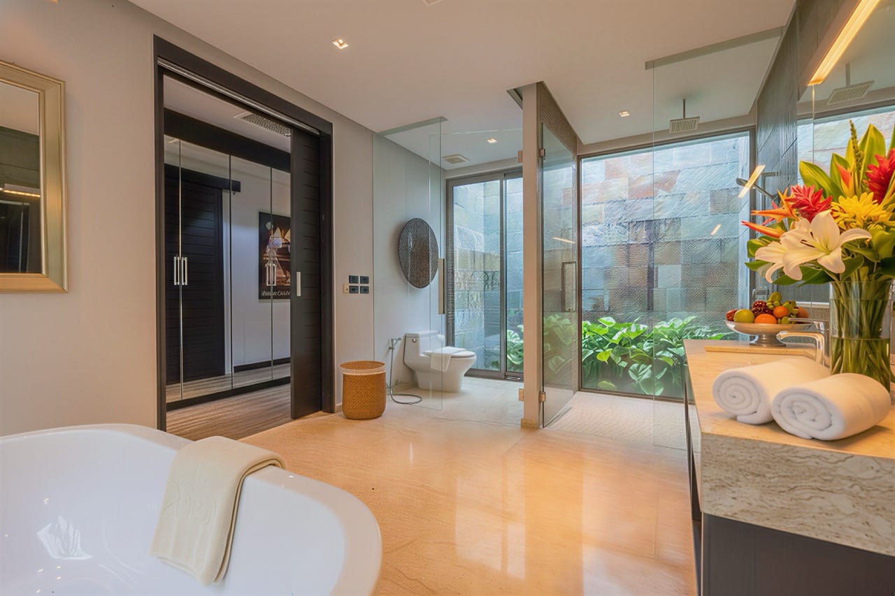Luxurious bathroom with a freestanding tub, glass-enclosed shower, marble vanity, and a vase of lilies by a fruit centerpiece near large windows with greenery outside.