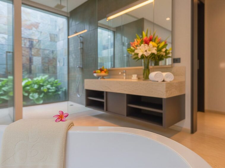 Luxurious bathroom with a freestanding bathtub, beige towel and pink flower in the foreground, glass-walled shower and a vanity with a flower bouquet in the background.