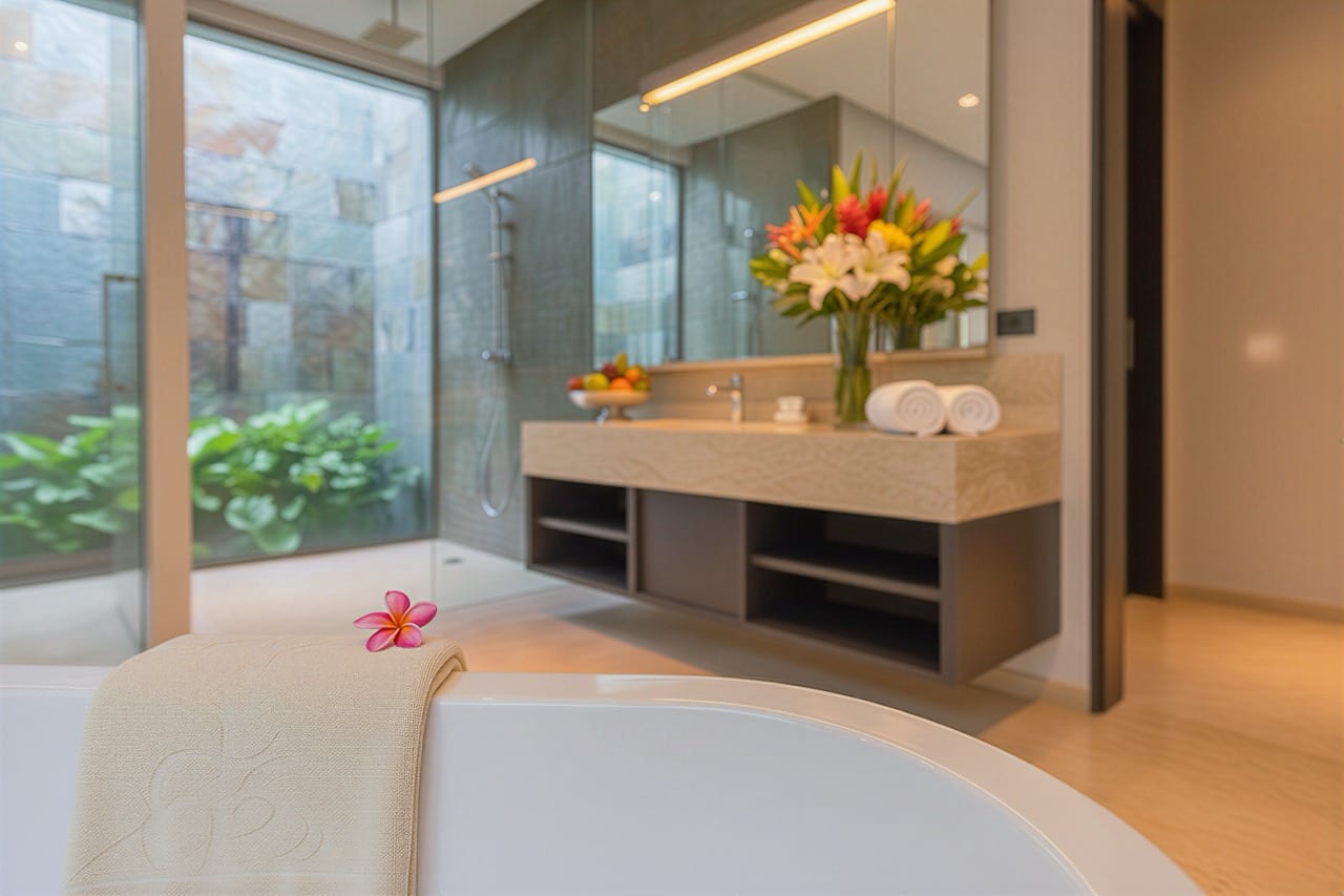 Luxurious bathroom with a freestanding bathtub, beige towel and pink flower in the foreground, glass-walled shower and a vanity with a flower bouquet in the background.