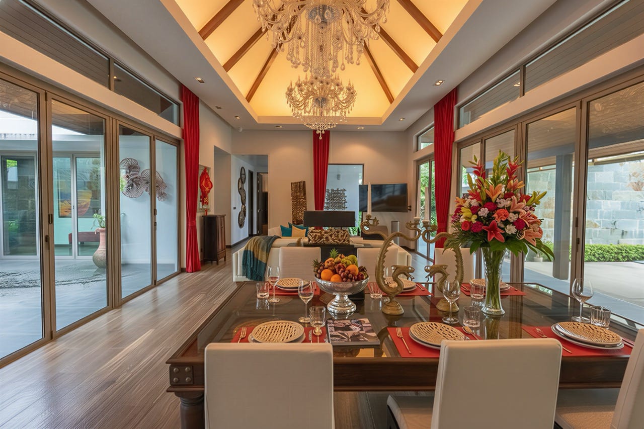 Elegant dining room and living area with chandelier, glass table set for six and a flower centerpiece in the center.