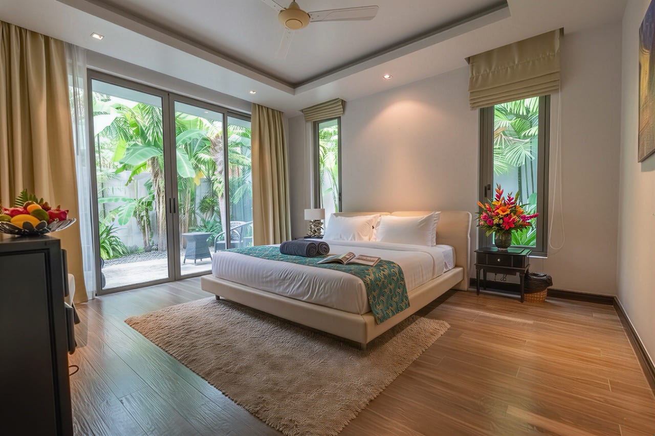 Spacious hotel bedroom with a king bed, white linens, teal throw, and sliding glass doors to a tropical garden patio.