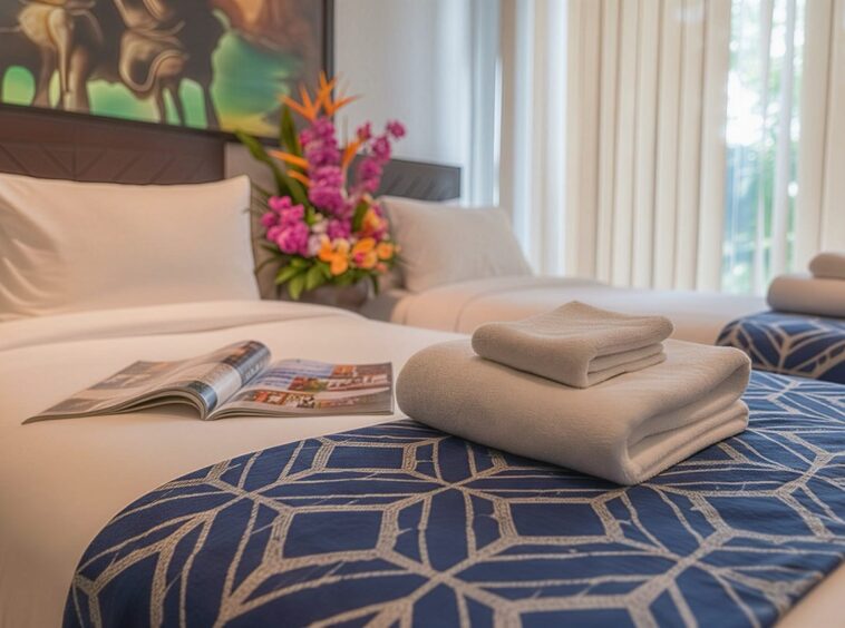 Two neatly made hotel beds with a folded white towel set on a blue geometric bed runner, an open magazine beside them.