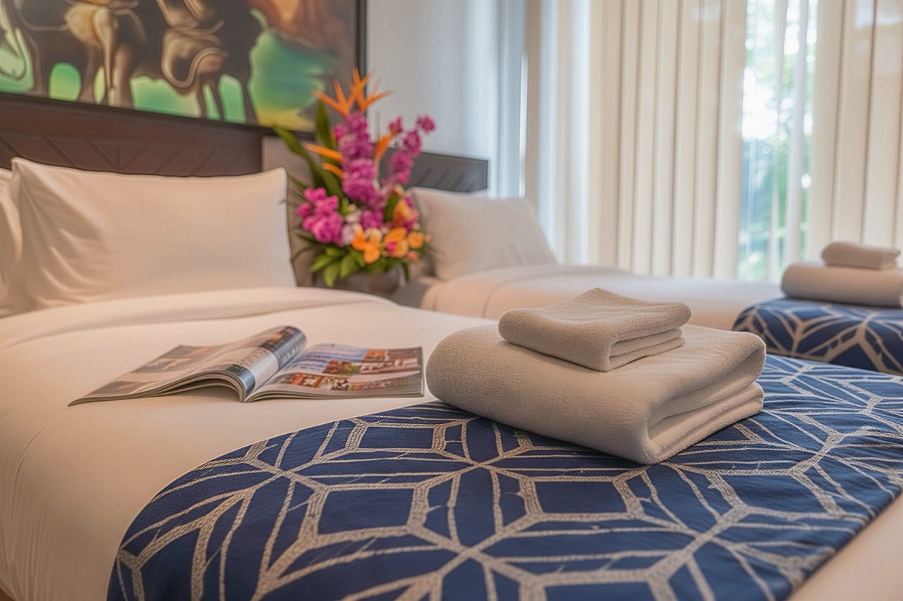 Two neatly made hotel beds with a folded white towel set on a blue geometric bed runner, an open magazine beside them.