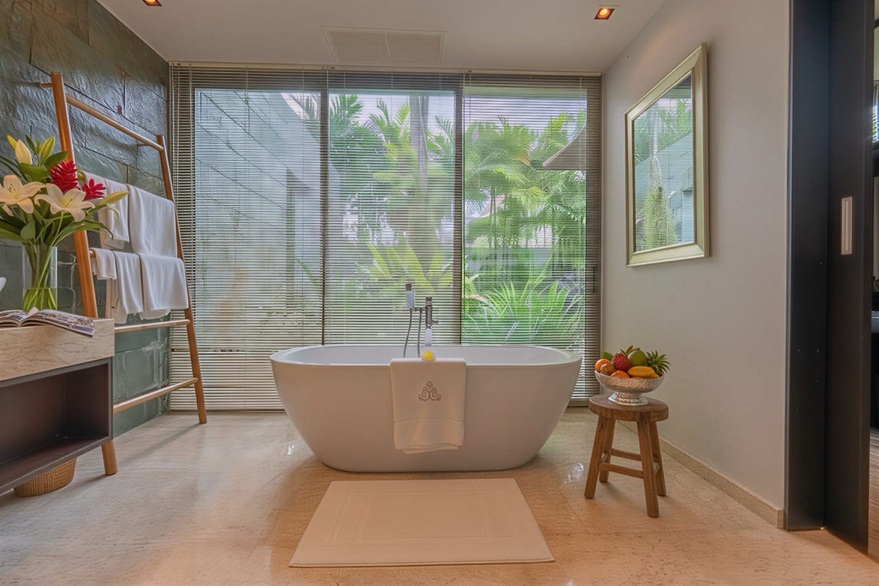 Spa-style bathroom with a freestanding tub beside large windows and lush greenery outside.