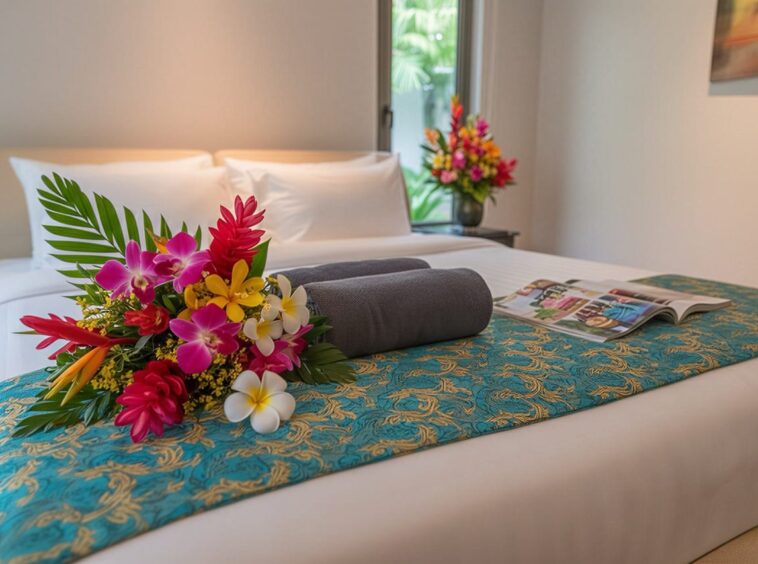 Hotel bed with a vibrant tropical bouquet, turquoise bed runner, and reading magazine nearby.