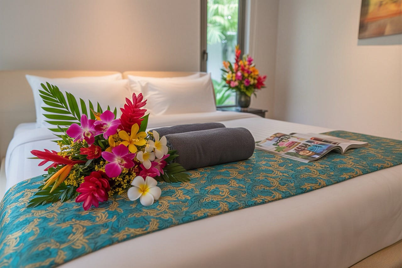 Hotel bed with a vibrant tropical bouquet, turquoise bed runner, and reading magazine nearby.