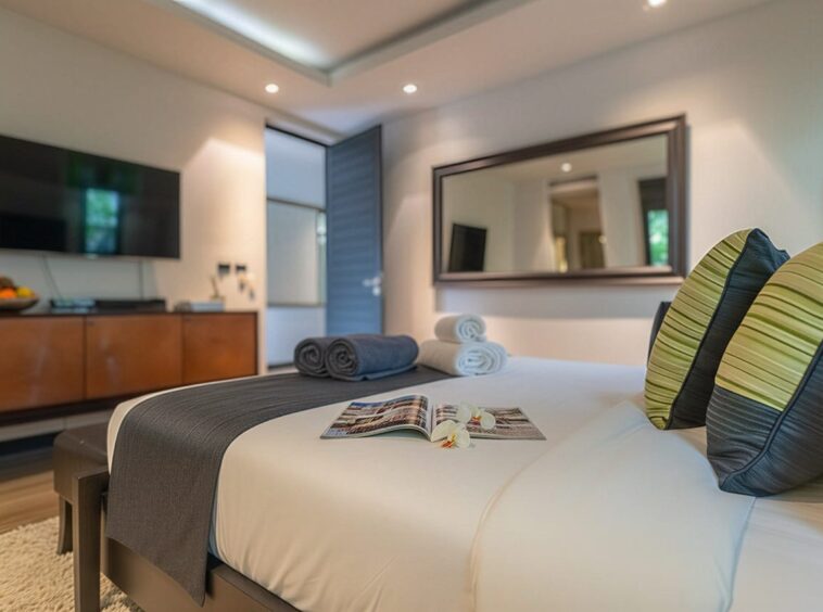 Hotel room scene: neatly made bed with a dark gray throw, lime-green striped pillows, rolled towels, and an open magazine on the duvet; a TV and fruit bowl visible in the background.