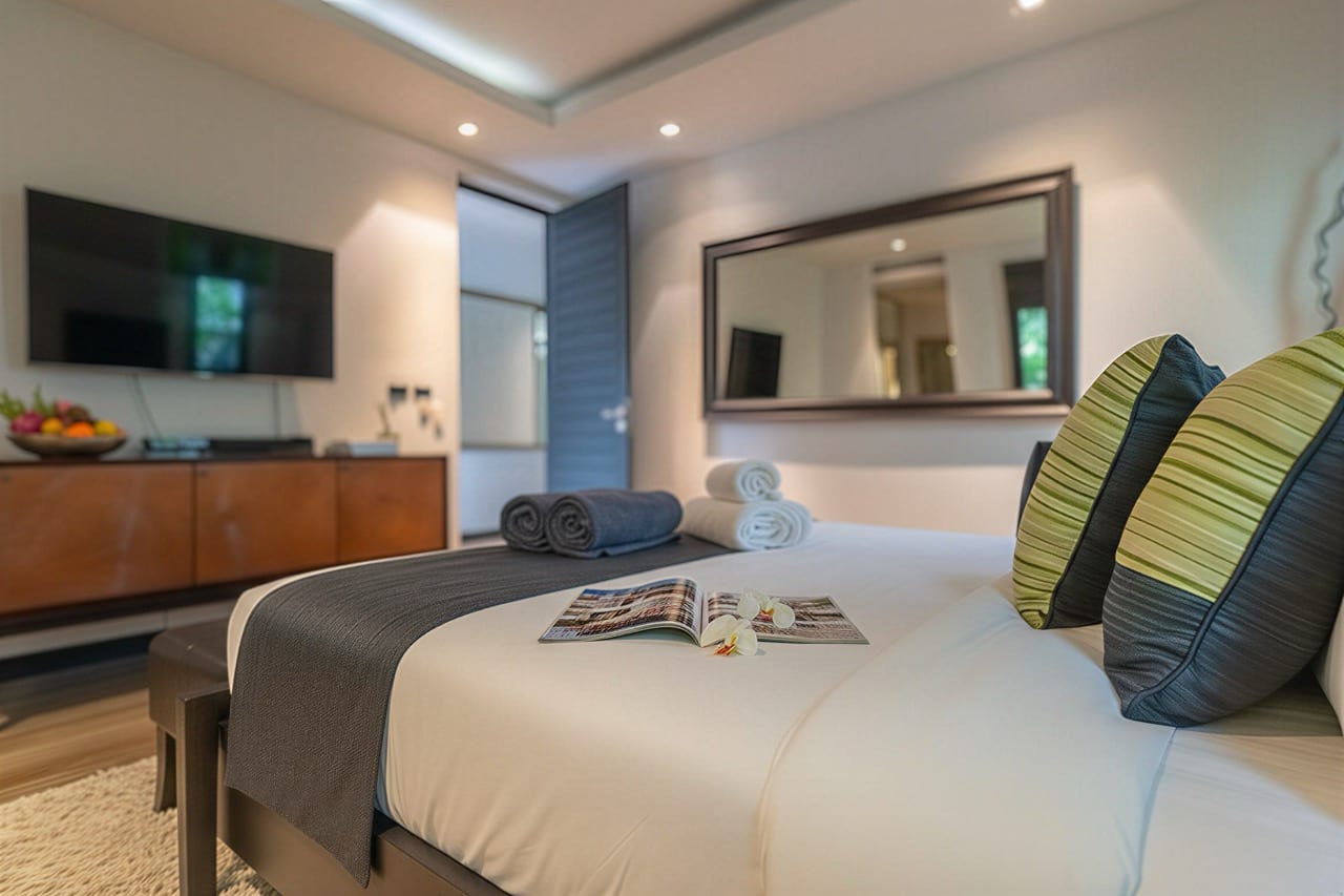 Hotel room scene: neatly made bed with a dark gray throw, lime-green striped pillows, rolled towels, and an open magazine on the duvet; a TV and fruit bowl visible in the background.