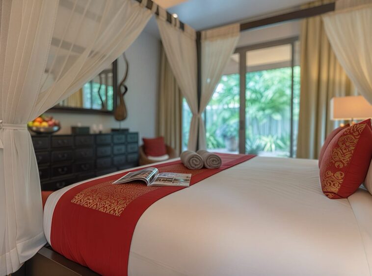 Luxurious canopy bed with white linen and red runners, decorative pillows, two rolled towels, and a magazine on the bed by tall glass doors to a green garden outside.