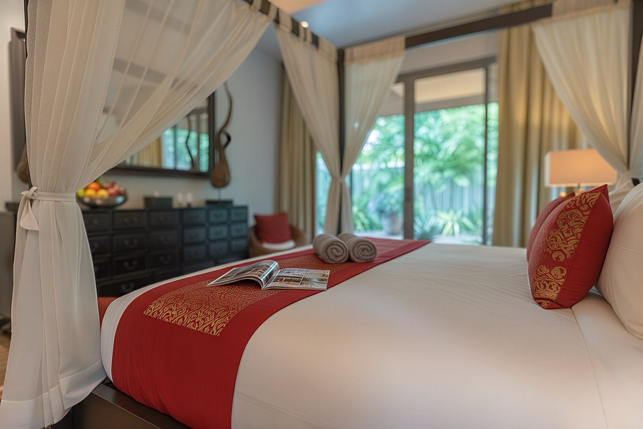 Luxurious canopy bed with white linen and red runners, decorative pillows, two rolled towels, and a magazine on the bed by tall glass doors to a green garden outside.