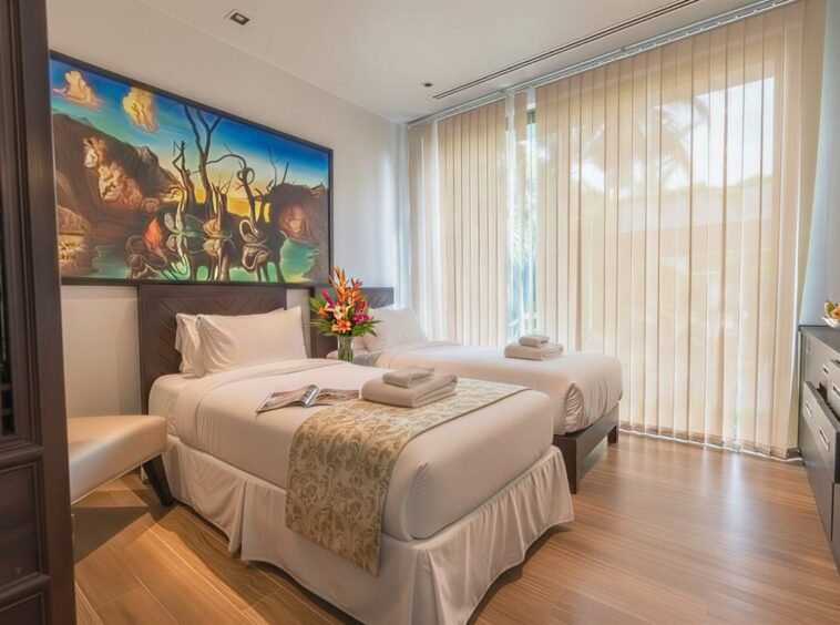 Hotel room with two twin beds, white bedding, and a large colorful painting above the headboards.