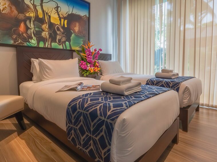 Twin hotel beds with white linens and blue geometric runners; towels, a magazine, and a floral arrangement between the headboards.