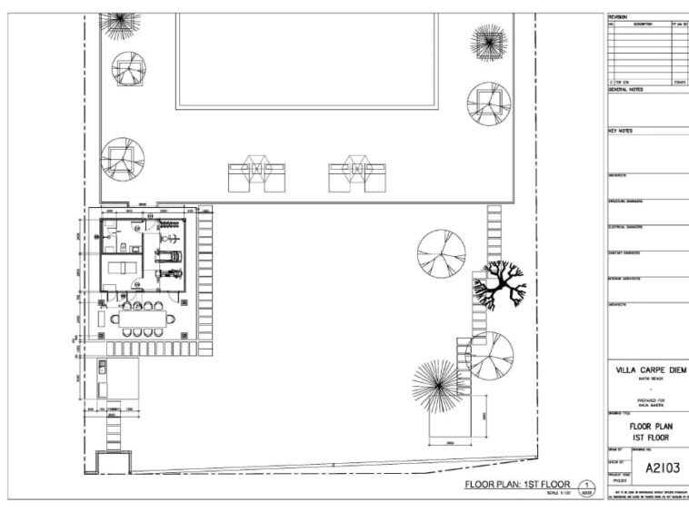 Architectural floor plan of the 1st floor with a dining area, interior rooms, and outdoor landscaping including trees.