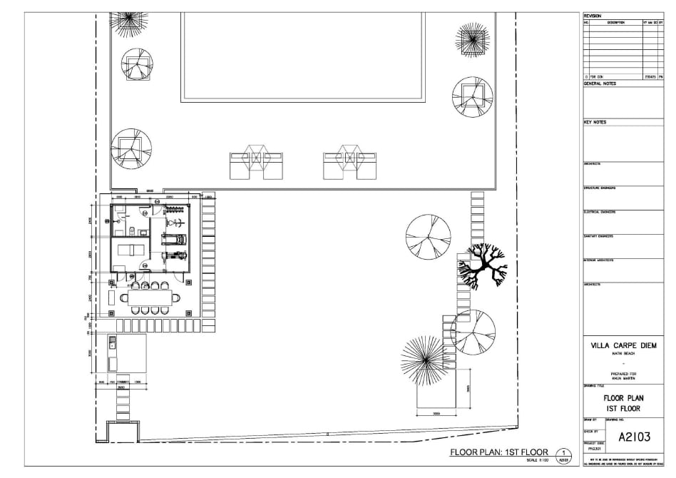 Architectural floor plan of the 1st floor with a dining area, interior rooms, and outdoor landscaping including trees.